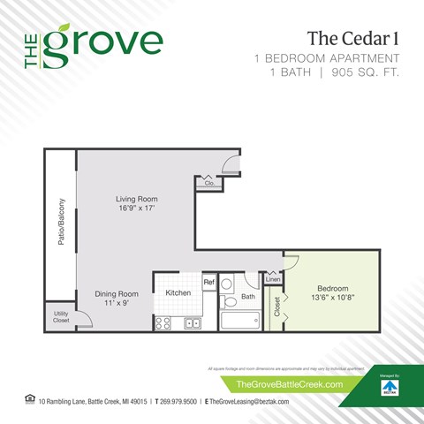 Floor plan for 1 bed, 1 bath, 905 sqft